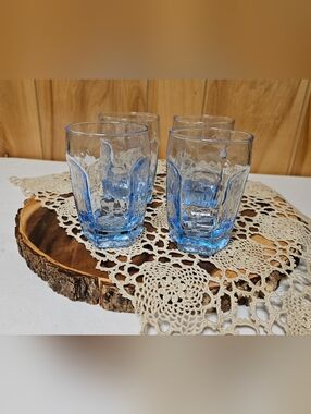 Vintage Libbey Chivalry Light Blue Juice Glasses Faceted 3.75" Set of 4